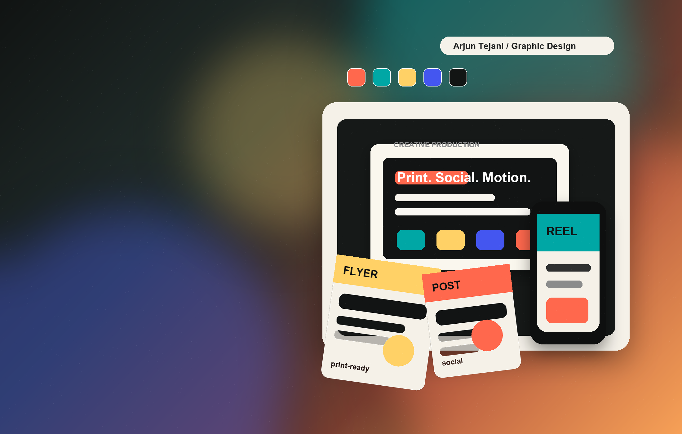 Graphic design studio collage with print, social, and motion design surfaces