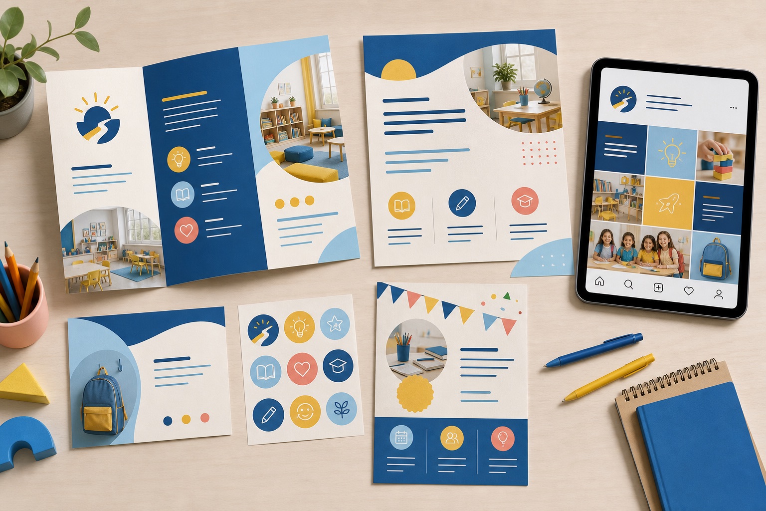 Learning center enrollment brochure and family campaign mockups